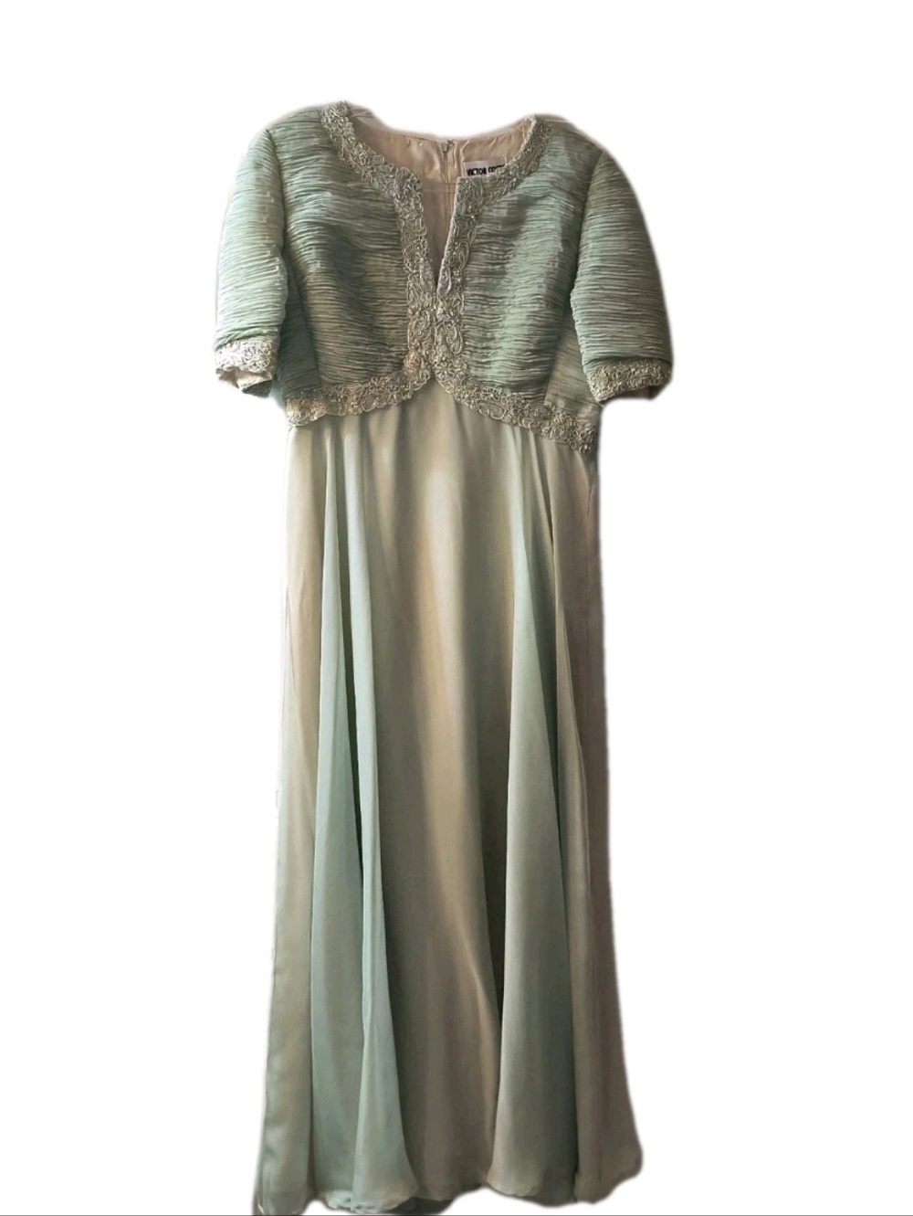 Vtg Victor Costa Beaded Gown Sage Green Pleated Chiffon Formal Maxi Size 16 READ - Picture 2 of 13